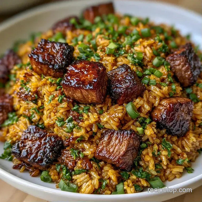 A neat pile of golden rice topped with charred steak cubes and sliced scallions on a clean, white ceramic plate.