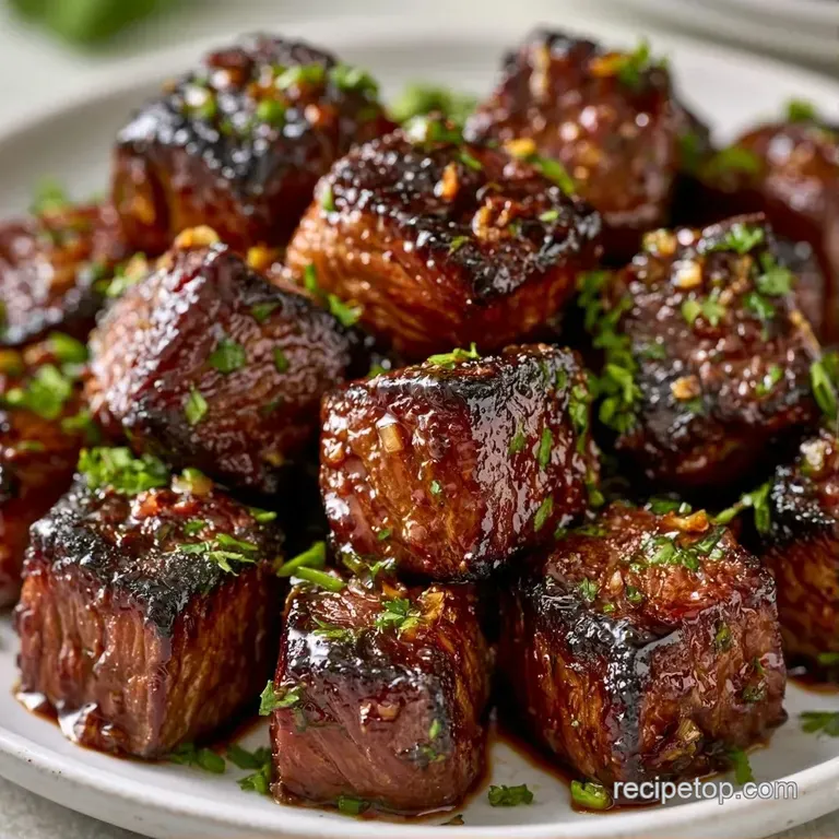Neatly arranged seared beef cubes and vibrant steamed vegetables on a white plate with a dollop of melted garlic butter.