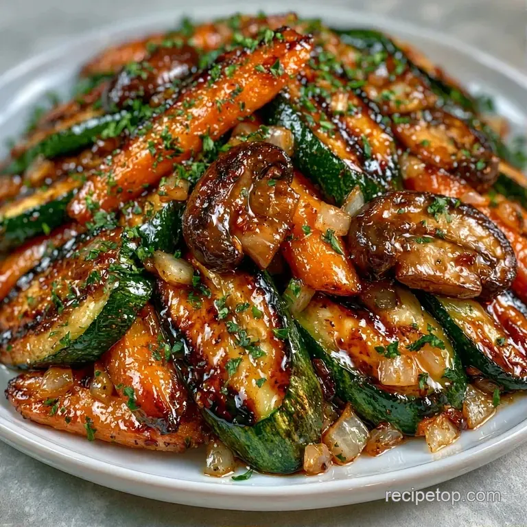 Vibrant saut&eacute;ed zucchini, carrots, and mushrooms arranged on a white plate with a sprinkle of sesame seeds.