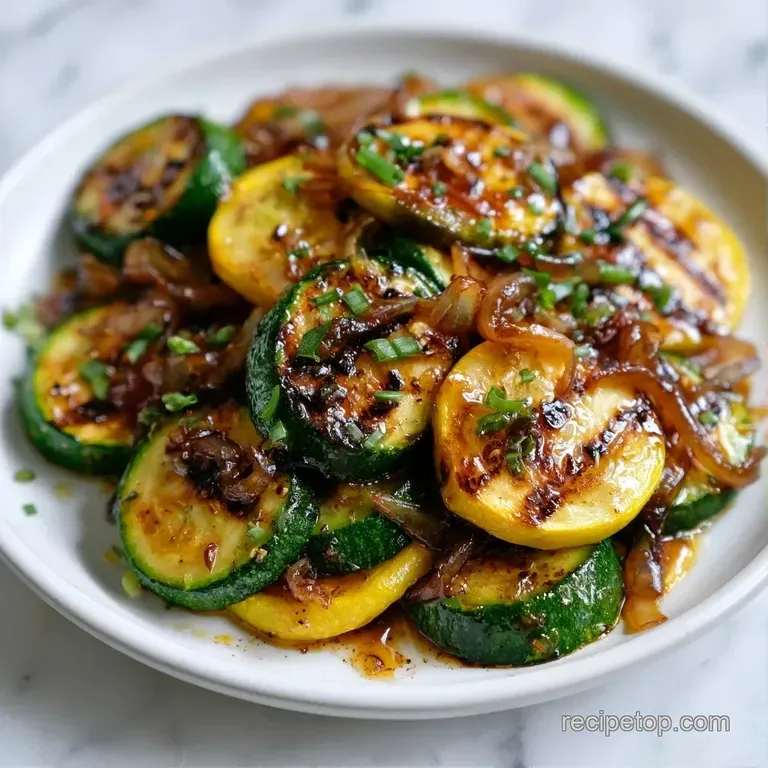 Neatly stacked green zucchini slices on a white porcelain plate, garnished with toasted sesame seeds and chives.
