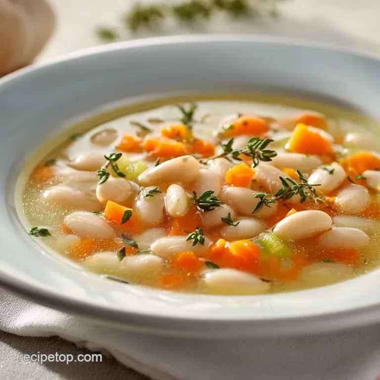 Creamy white soup in a minimalist bowl topped with a swirl of golden olive oil and a sprig of fresh green parsley.