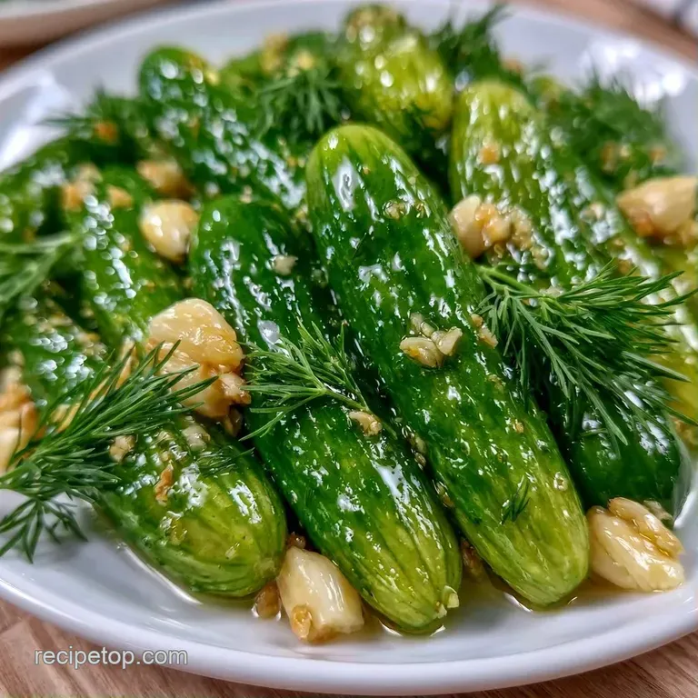 Crisp green pickle spears arranged on a white marble platter with sliced garlic and fresh dill garnishes.