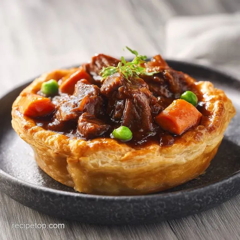 A hearty slice of savory pastry on a ceramic plate, paired with creamy mashed potatoes and steamed garden peas.