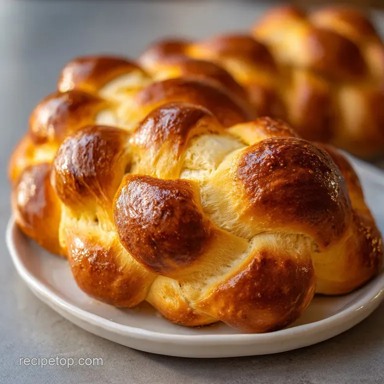 Thick slices of golden-brown challah French toast are dusted with powdered sugar and topped with fresh berries. A breakfas...