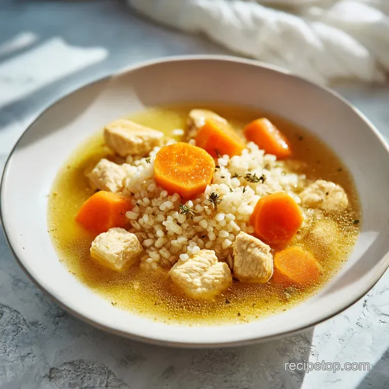 A white ceramic bowl filled with golden soup, topped with a sprig of fresh parsley and served with a crusty baguette.