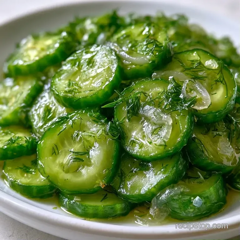 Vibrant green cucumber slices artfully arranged on a marble platter, garnished with fresh dill and garlic slivers.
