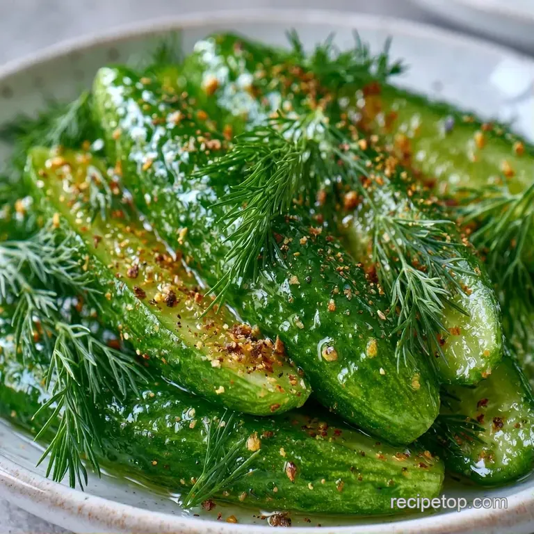Bright green pickle spears arranged neatly in a glass jar beside fresh dill and white peppercorns on a rustic board.