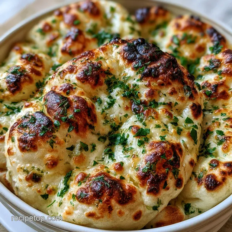 Neatly folded warm flatbreads stacked on a white ceramic platter, topped with chopped parsley and creamy dip.