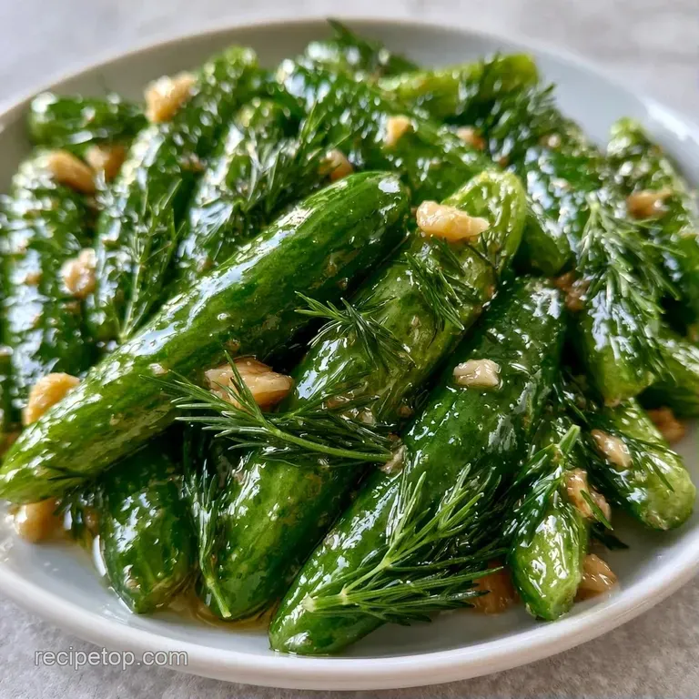 Neatly arranged pale green cucumber spears on a white ceramic platter with scattered dill and sliced garlic cloves.