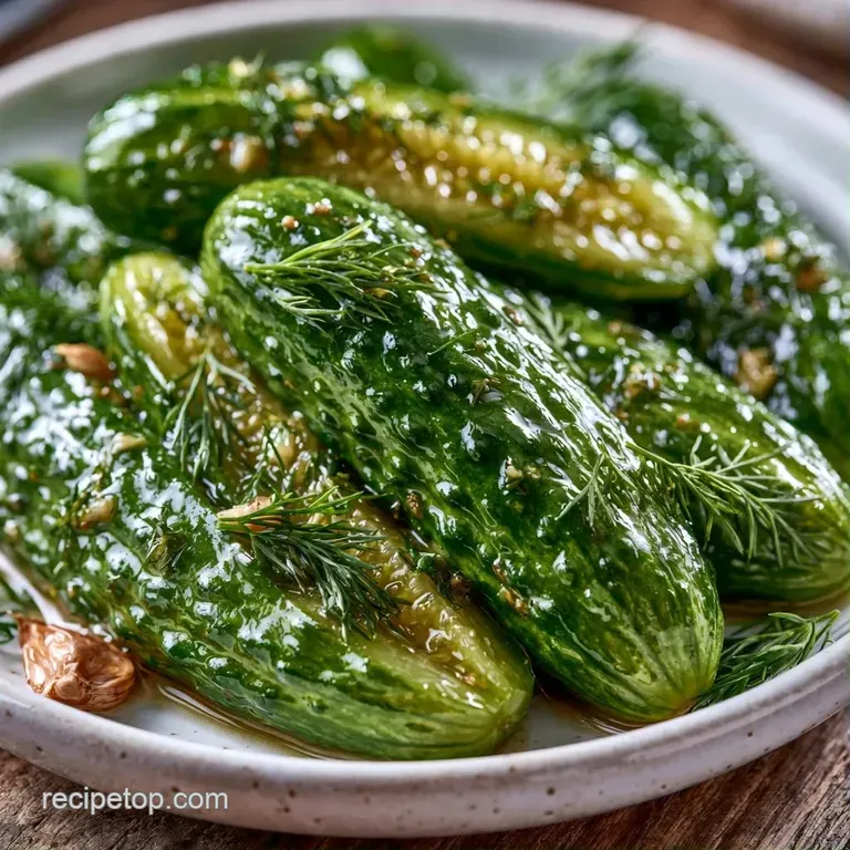 Crisp, pale green pickle spears arranged neatly on a white ceramic platter garnished with fresh dill sprigs.