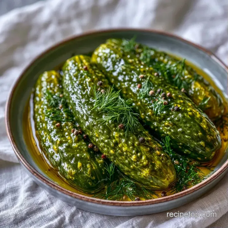 Bright green pickle spears arranged artfully on a white ceramic platter with fresh dill and whole peppercorns.