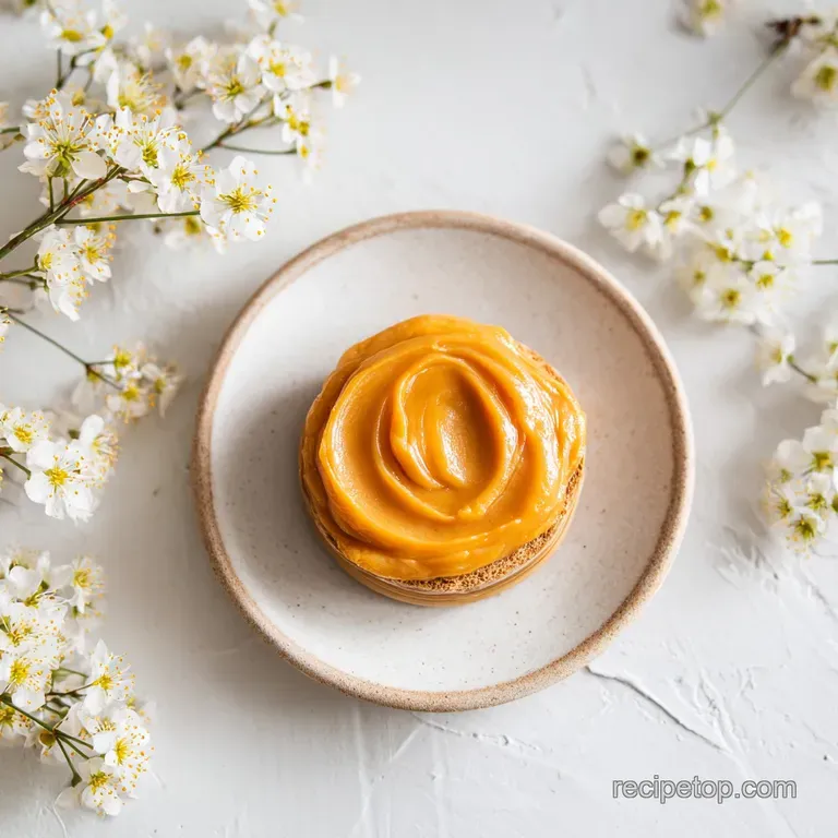 A dollop of smooth, golden peach butter artfully placed on a warm, flaky biscuit with a dusting of cinnamon.