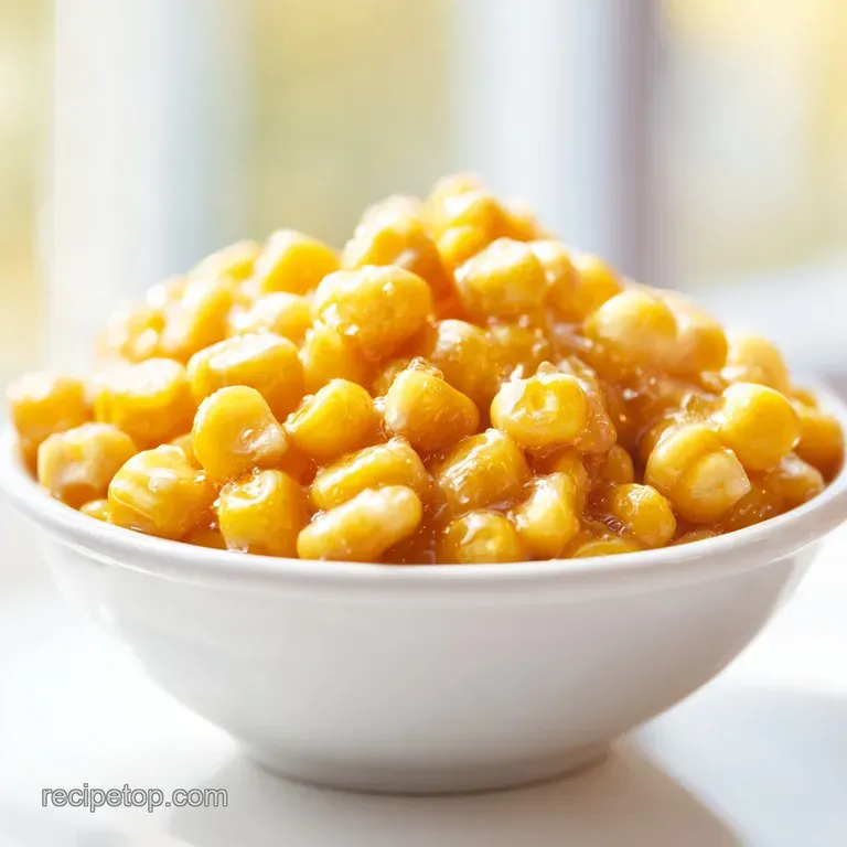 A neat heap of shimmering golden corn in a white porcelain dish, accented by a sprig of fresh green parsley.