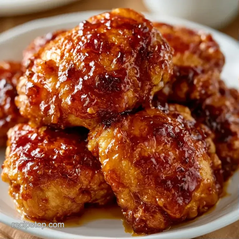 Golden-brown glazed chicken pieces arranged over steamed broccoli with a drizzle of glossy, shimmering brown sauce