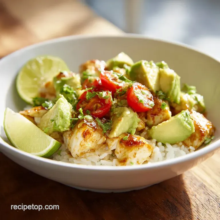 Juicy pan-seared chicken atop fluffy rice, drizzled with a glistening honey-lime sauce and fresh cilantro.