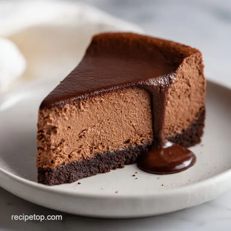 A slice of hot chocolate cheesecake topped with chocolate shavings, presented on a white plate. Whipped cream and chocolat...