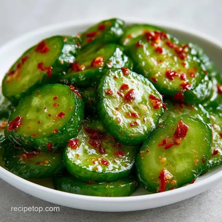 Thinly sliced pickled cucumbers and bright orange chili rings stacked neatly on a white ceramic appetizer plate.