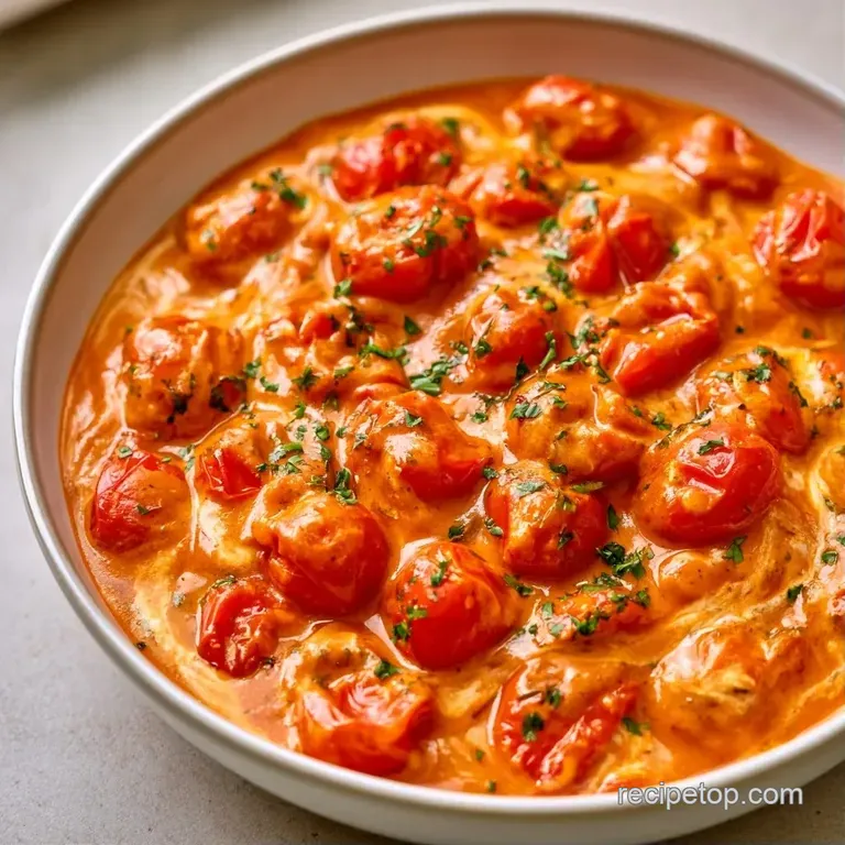 Creamy orange curry in a white bowl, topped with whole cherry tomatoes, fresh cilantro, and a drizzle of white coconut.