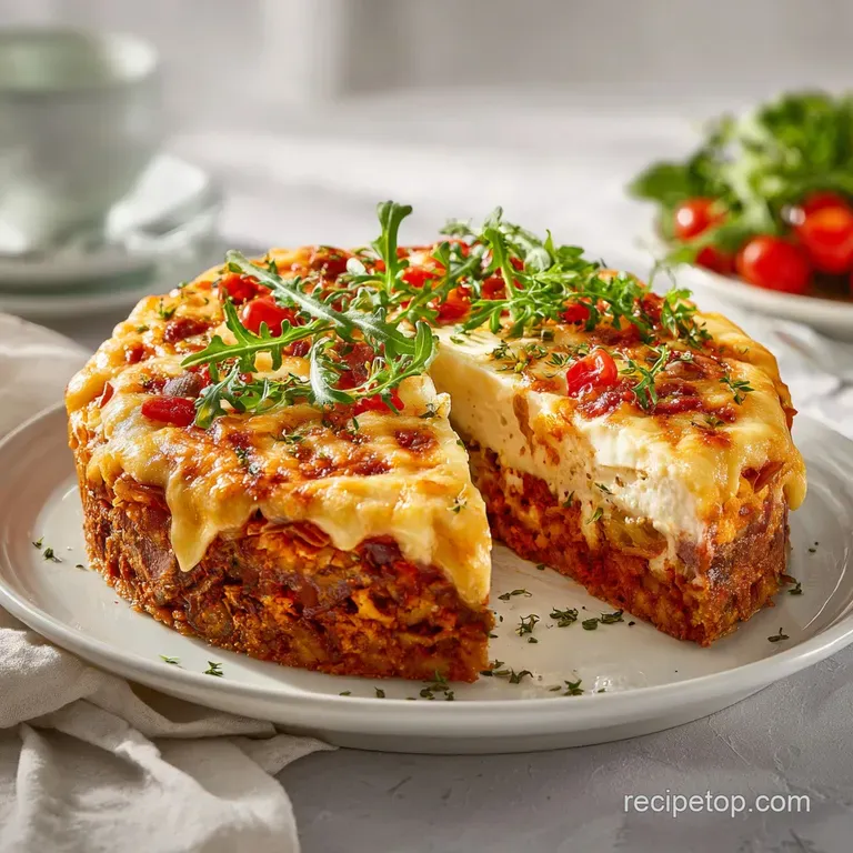 A generous slice of the Italian deli torte is elegantly plated, showcasing a cross-section of vibrant meats and cheeses.