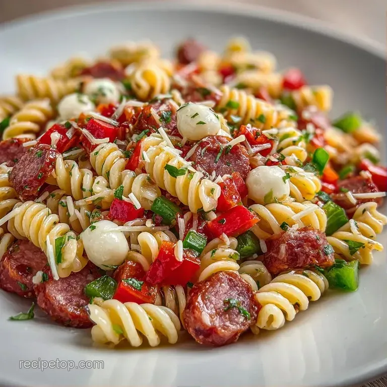 A vibrant mix of spiraled pasta, red tomatoes, and white cheese pearls served in a chilled white ceramic bowl