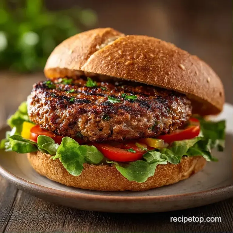 A towering burger with melted cheese and crisp lettuce served alongside golden fries on a minimalist white plate