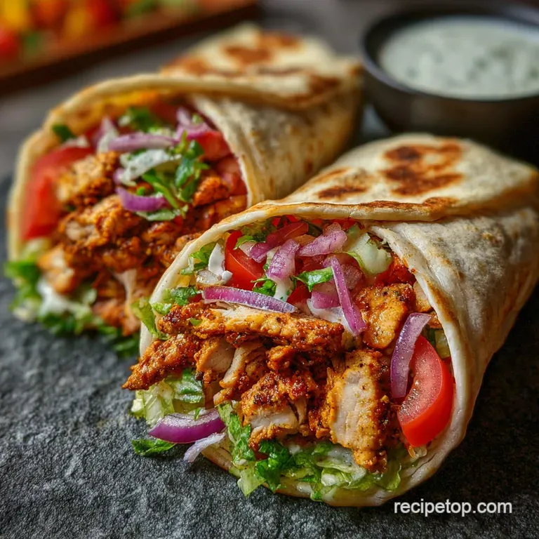 Plated shawarma chicken, vibrant with herbs, drizzled sauce, and lemon wedges, inviting to eat and beautifully presented.