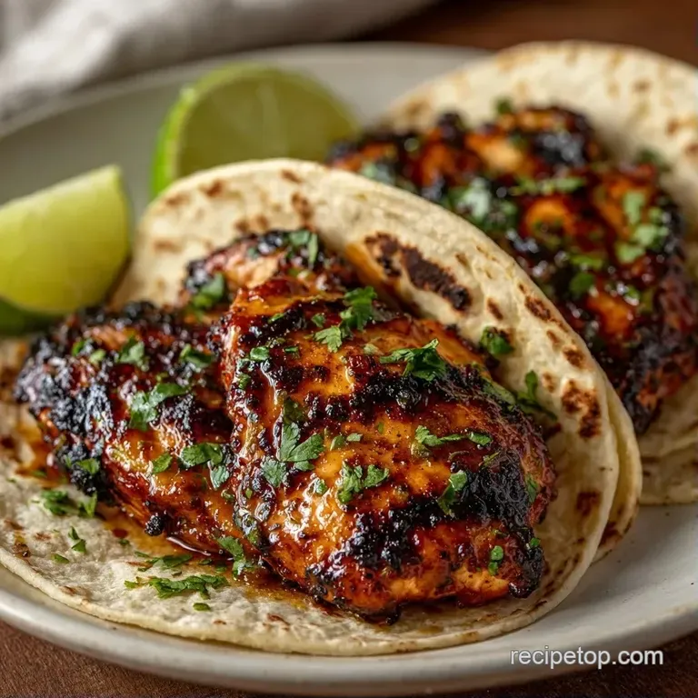 Plated golden protein with a shimmering citrus glaze, garnished with lime wheels and fresh cilantro on a white dish.