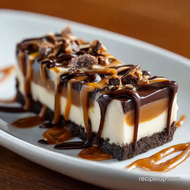 A slice of decadent layered bar on a white plate, highlighting the gooey caramel, chocolate, and crunchy nut textures.