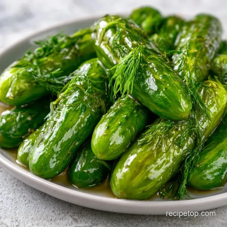 Slices of bright green, crunchy pickles arranged neatly on a white platter with fresh dill and cracked black pepper.