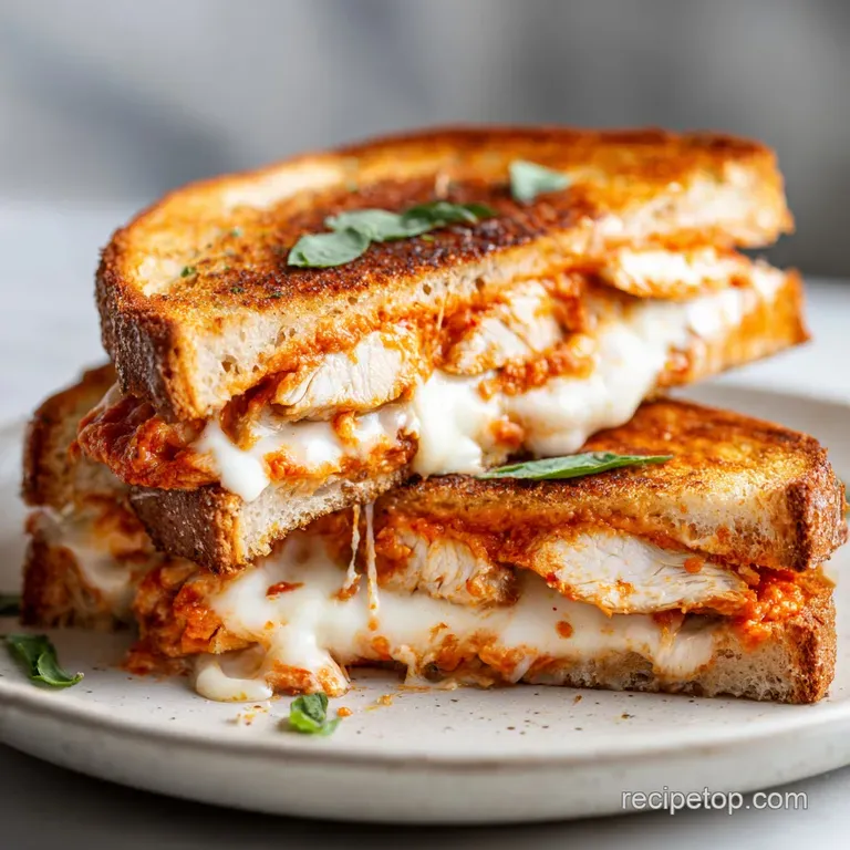 Chicken parmesan grilled cheese plated with a side of crisp greens. Melty cheese oozes from the toasted bread.