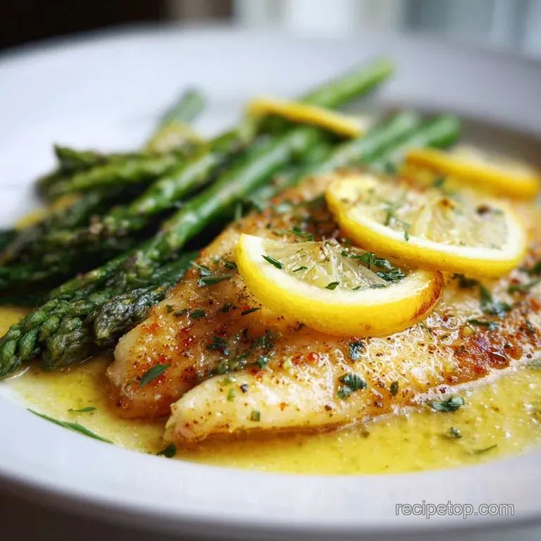 A perfectly portioned tilapia fillet, glistening with lemon butter, atop a bed of steamed greens. Fresh parsley adds a bur...