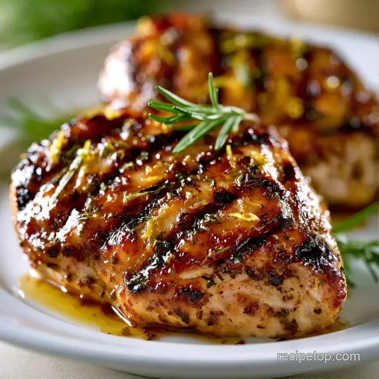Sliced charred poultry on a ceramic plate with vibrant green asparagus and a drizzle of glistening lemon butter.