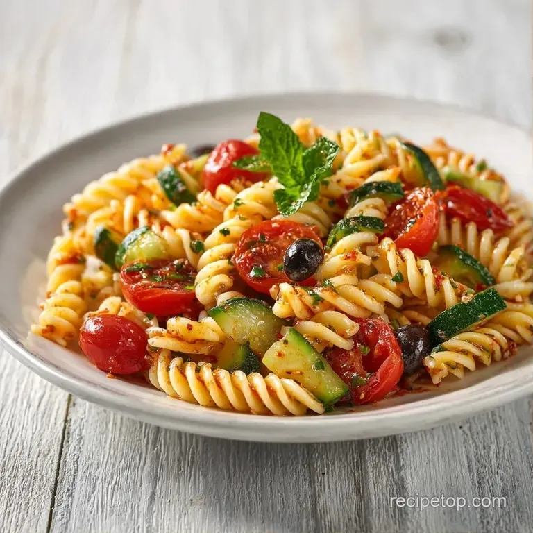 A bright bowl of spiral pasta and chickpeas tossed with green herbs, served with a wedge of fresh yellow lemon.