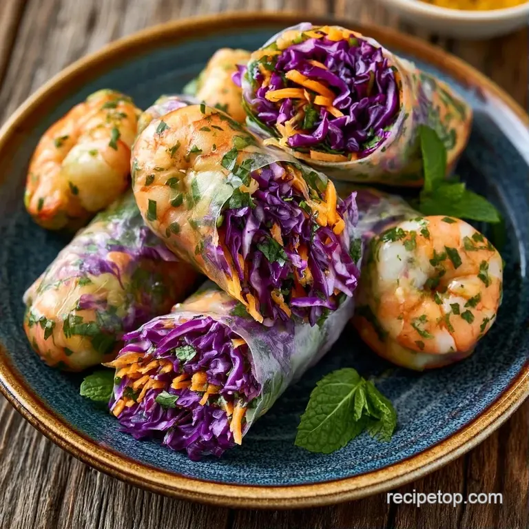Neatly sliced translucent rolls on a white ceramic plate, paired with a glossy peanut sauce and fresh mint leaves.