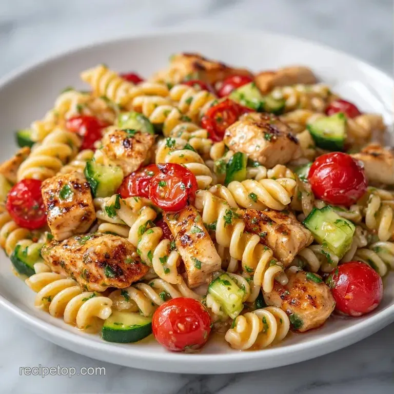 Freshly plated pasta spirals with grilled chicken and sliced vegetables in a white bowl set on a light wooden table.