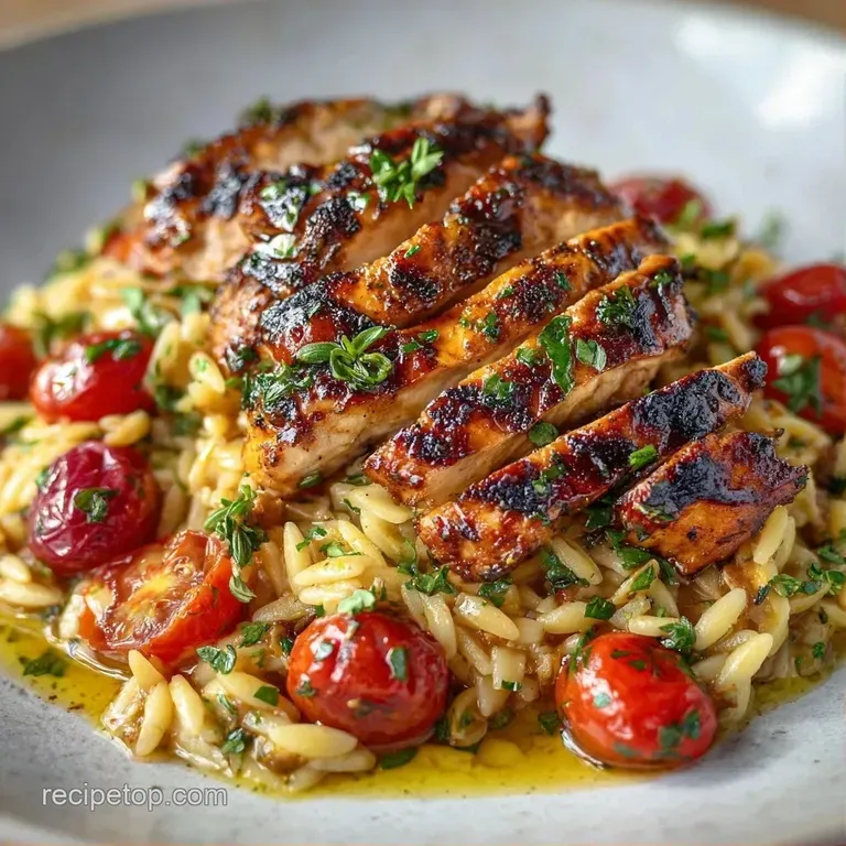 Neatly plated grilled chicken breast with colorful summer vegetables and a glistening drizzle of lemon butter sauce.