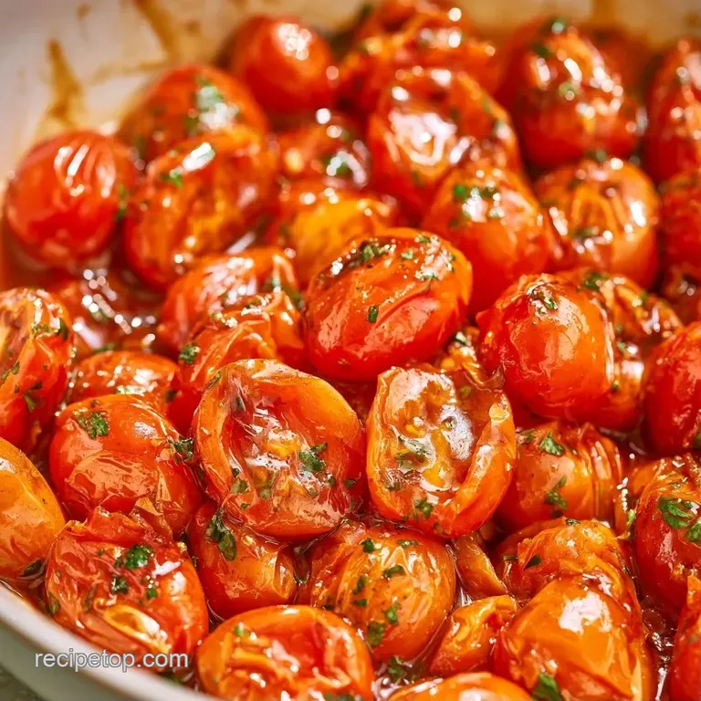 Vibrant red tomatoes shimmering in golden oil, served in a white ceramic dish with a side of crusty toasted bread.