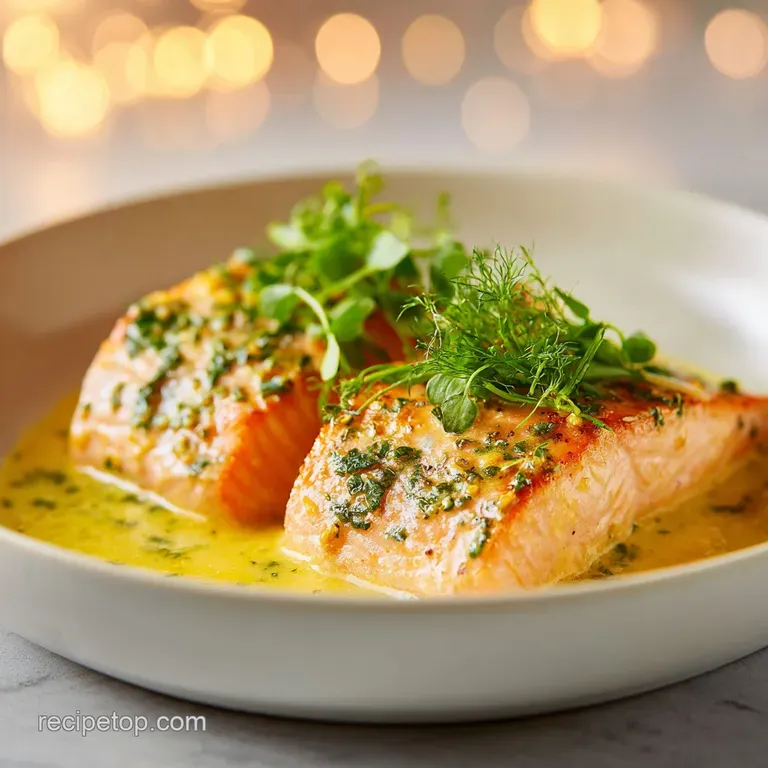 A perfectly cooked salmon fillet, bathed in rich garlic butter sauce, rests on a white plate with a sprinkle of fresh herbs.