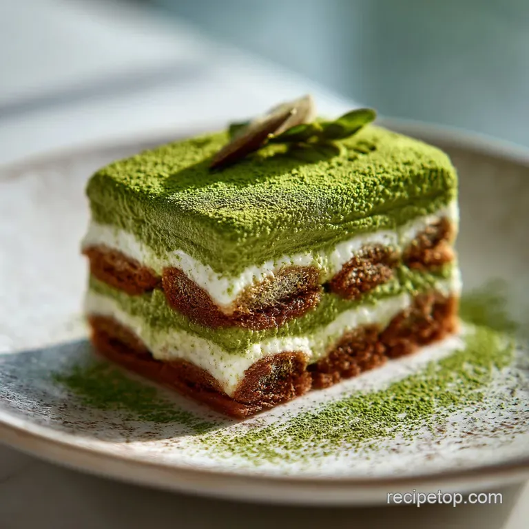 A slice of matcha tiramisu on a white plate, revealing soft ladyfingers and rich mascarpone.
