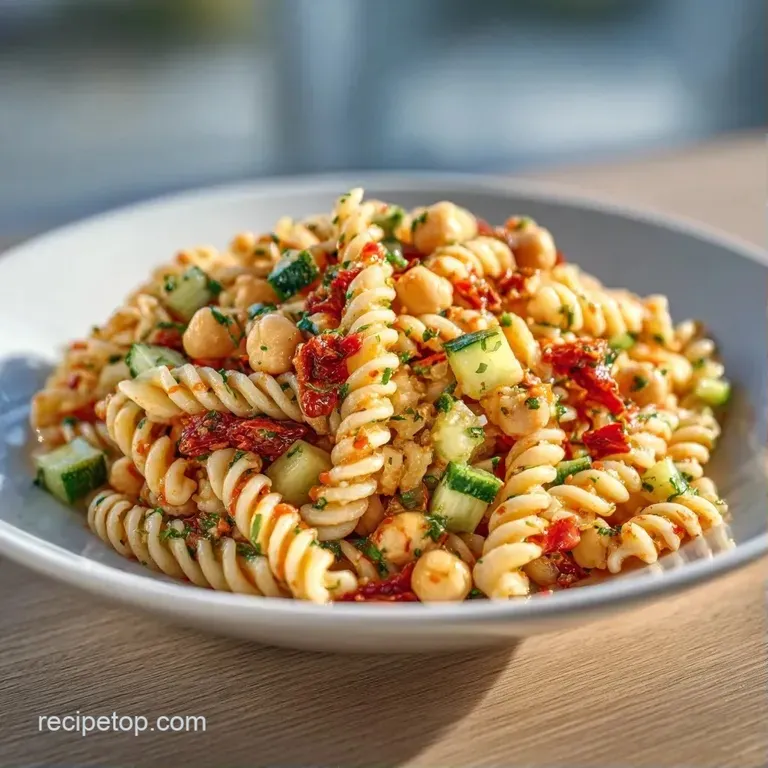 A white ceramic bowl filled with tossed pasta, bright red tomatoes, green cucumbers, and cubes of salty white feta