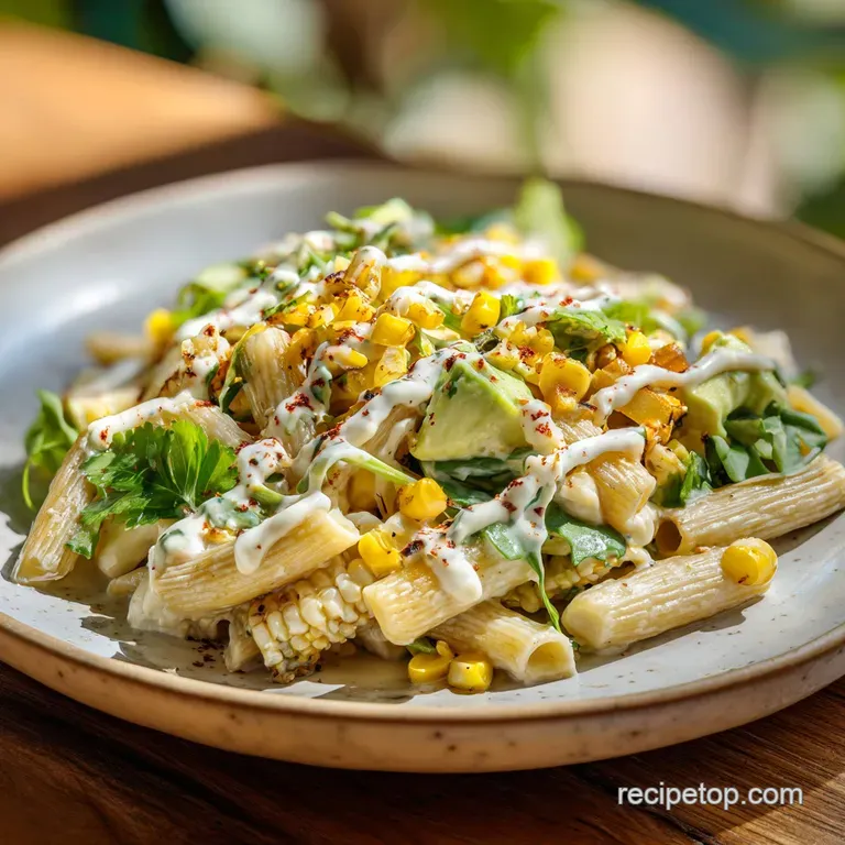 A colorful scoop of Mexican street corn pasta salad overflowing from a mason jar, garnished with a lime wedge and fresh ci...