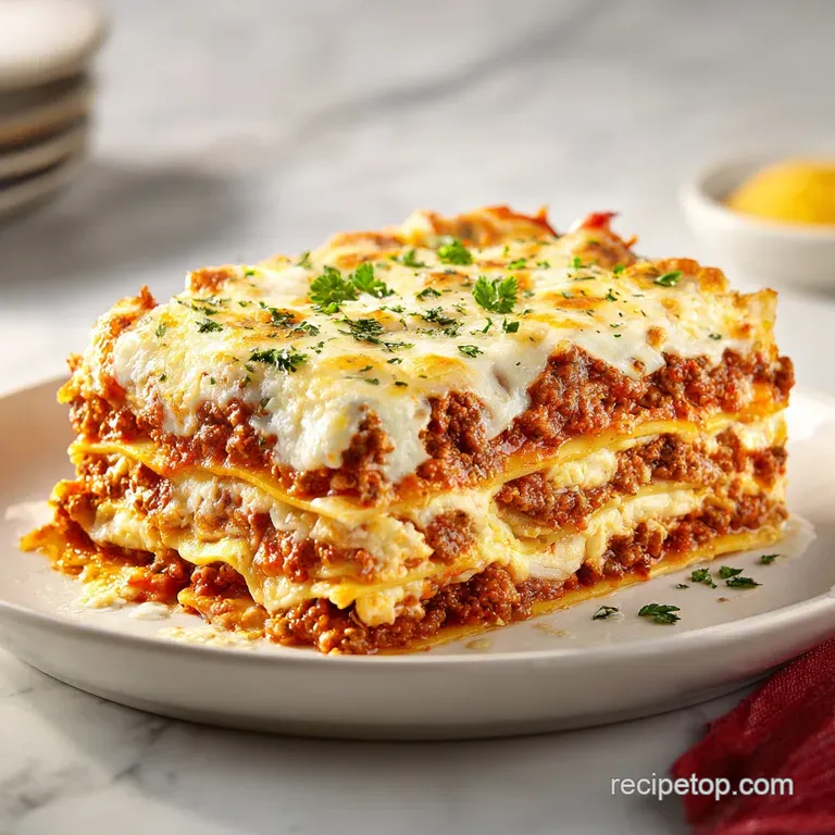 A generous slice of cheesy lasagna on a white plate, steam gently rising, garnished with a sprig of basil.