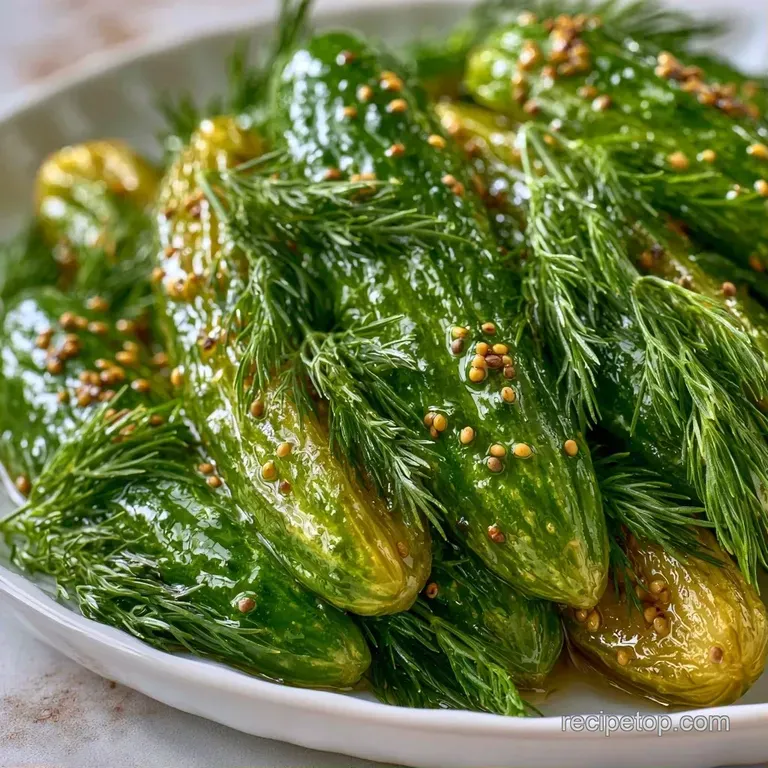 Slices of vibrant green pickles arranged on a slate board with fresh dill sprigs and scattered yellow mustard seeds.