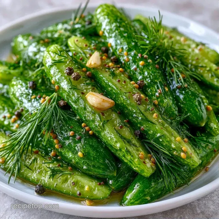 Vibrant green cucumber spears arranged on a white ceramic plate with scattered peppercorns and fresh dill.