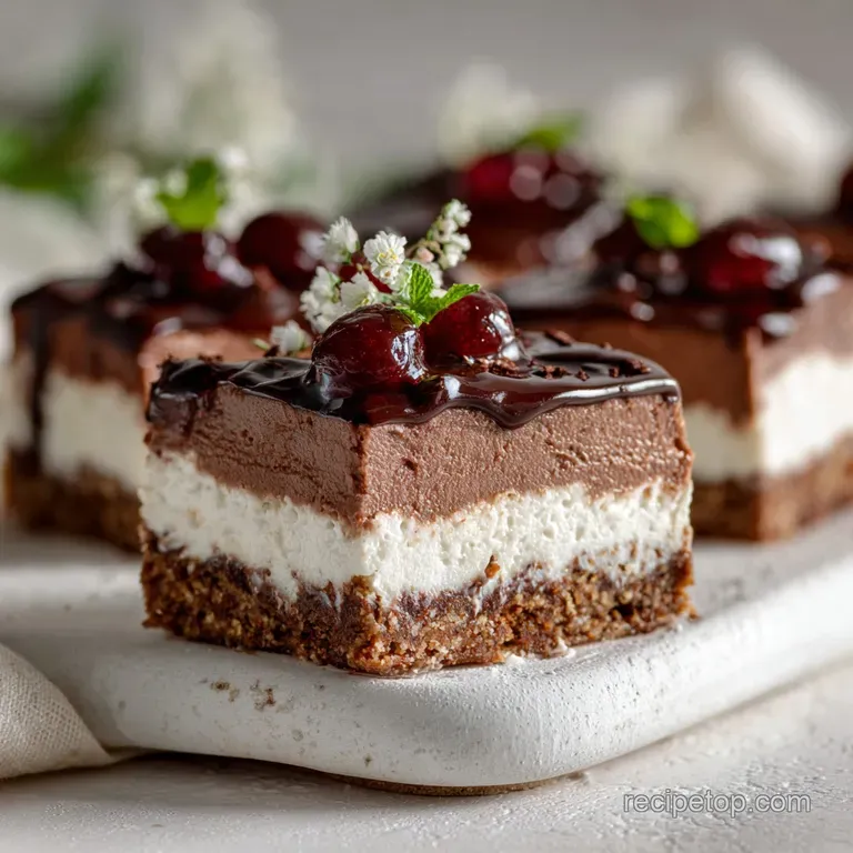 Slice of chocolate cheesecake bar on a white plate, accented with fresh raspberries and a dusting of powdered sugar. Elega...