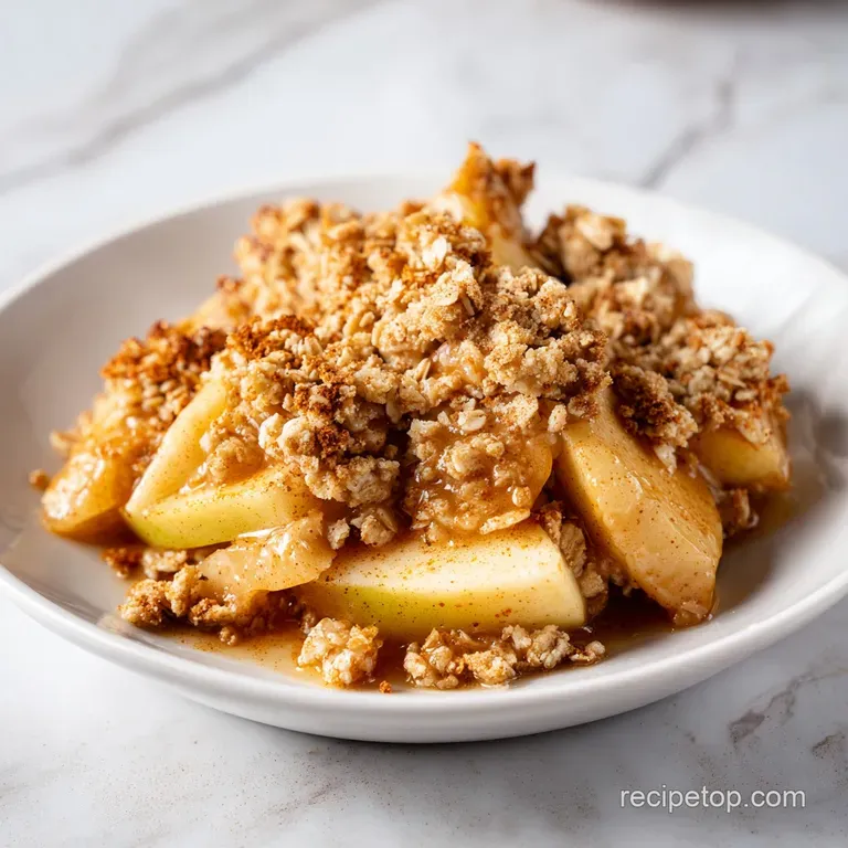 A scoop of melting vanilla ice cream atop a warm fruit dessert on a white plate, dusted with cinnamon powder.