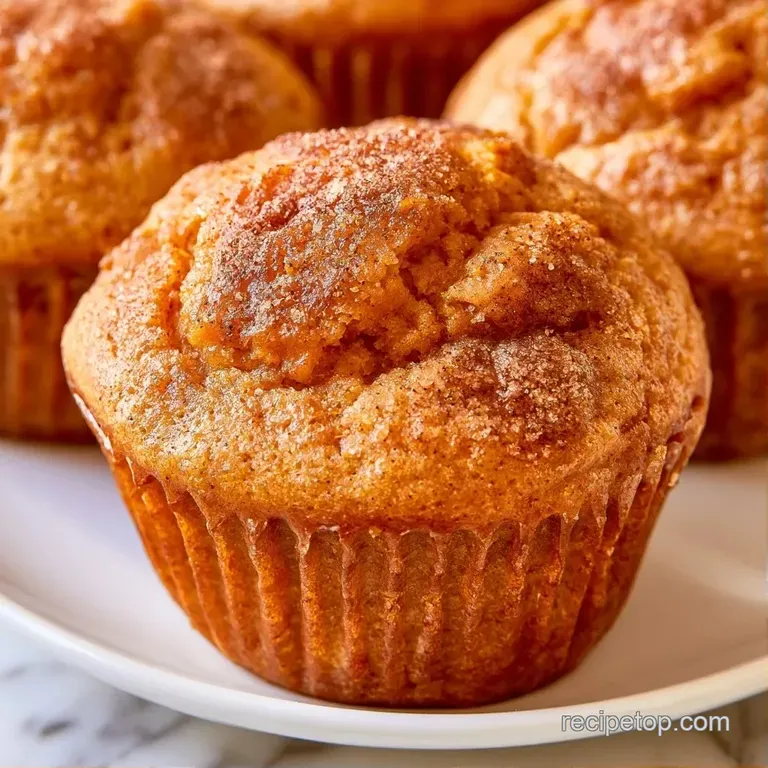 Three warm, orange-hued muffins stacked on a white ceramic plate beside a steaming cup of coffee and a linen napkin.