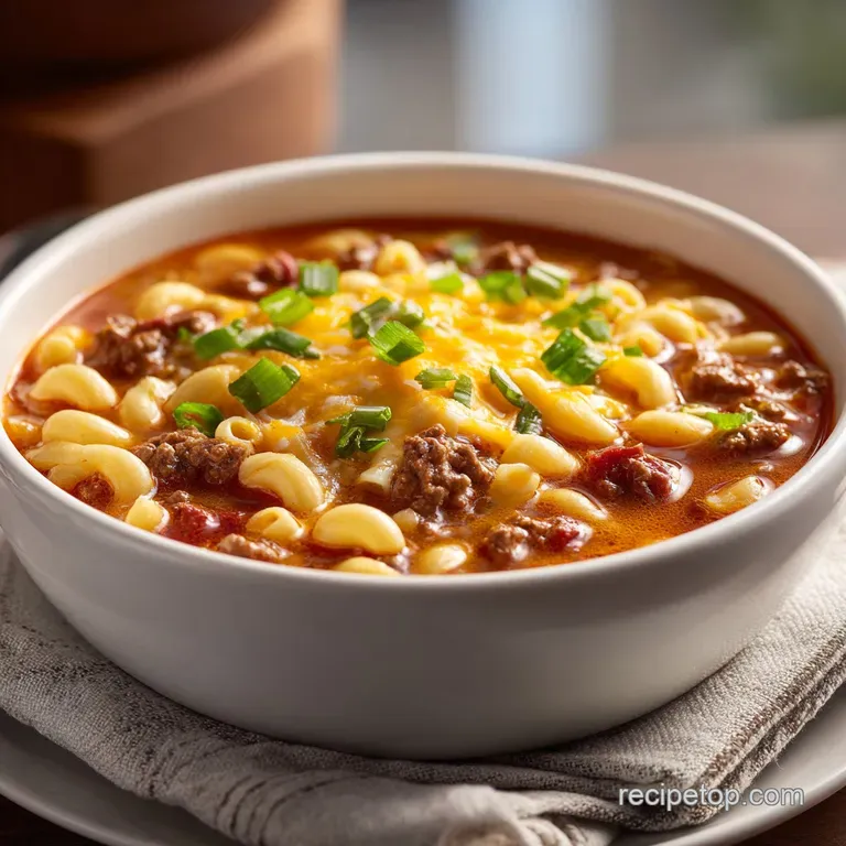 A rustic bowl filled with bubbling, golden cheeseburger macaroni soup, topped with a swirl of cream and herbs.