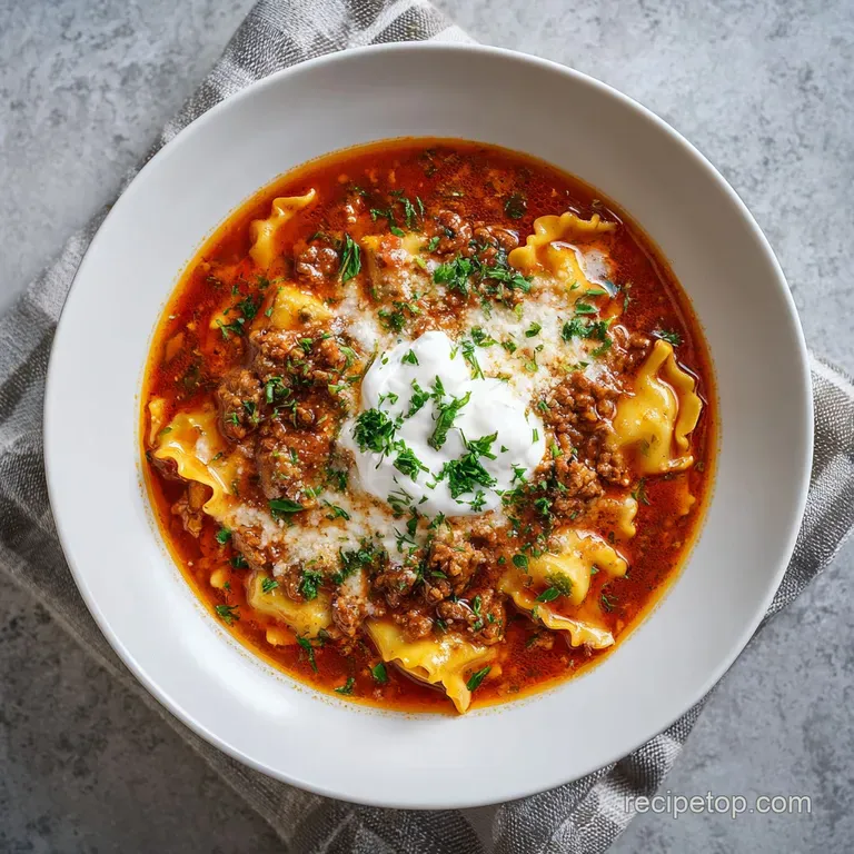 A vibrant bowl of lasagna soup, topped with shredded Parmesan, fresh basil, and a swirl of cream.