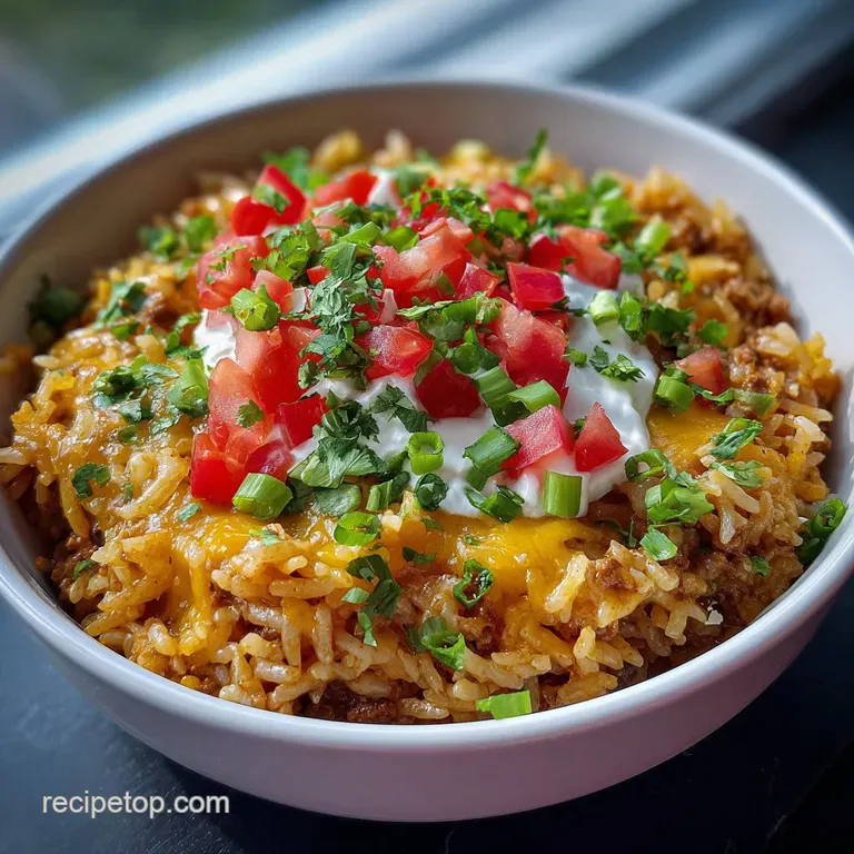 Plated taco rice topped with fresh cilantro, creamy avocado slices, and a dollop of sour cream on a speckled plate.